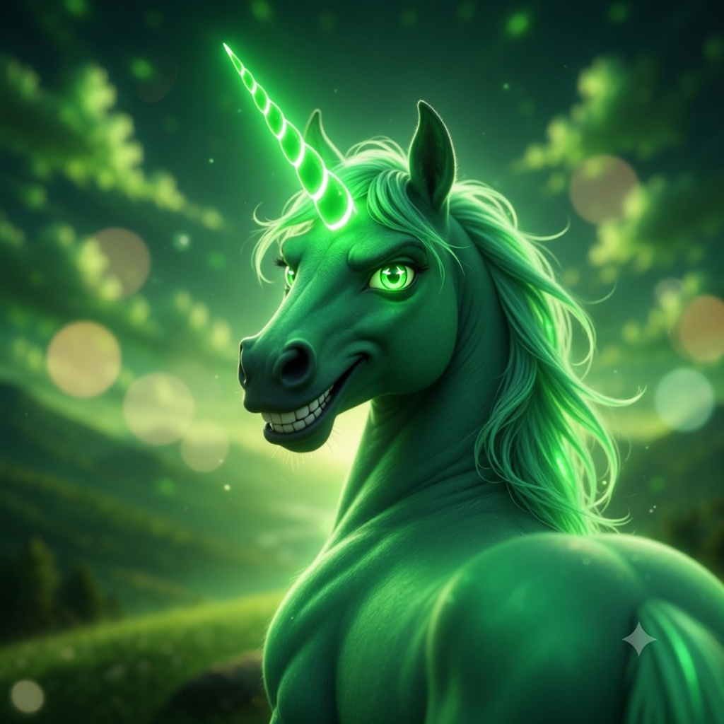 Neon unicorn looking back with a sly grin