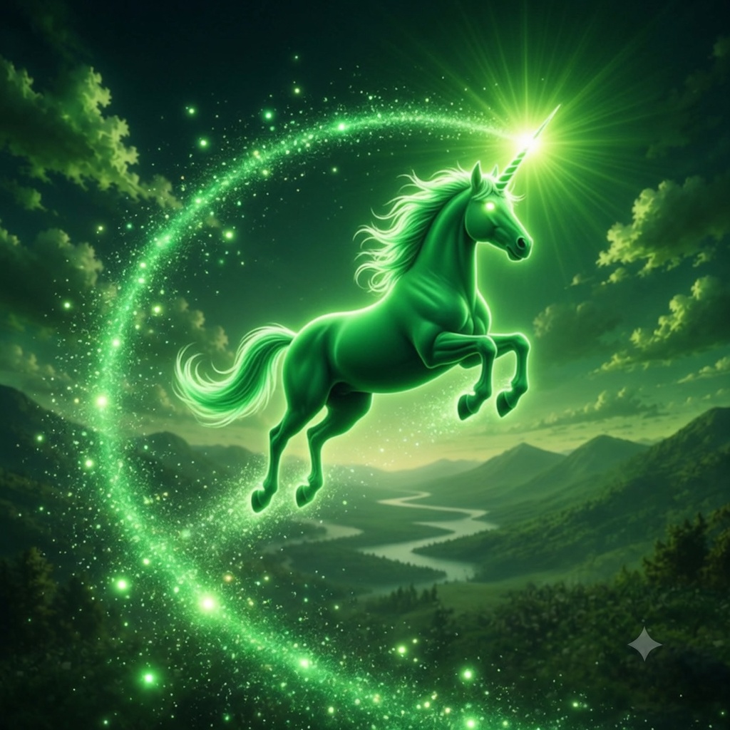 Neon unicorn jumping high in the air