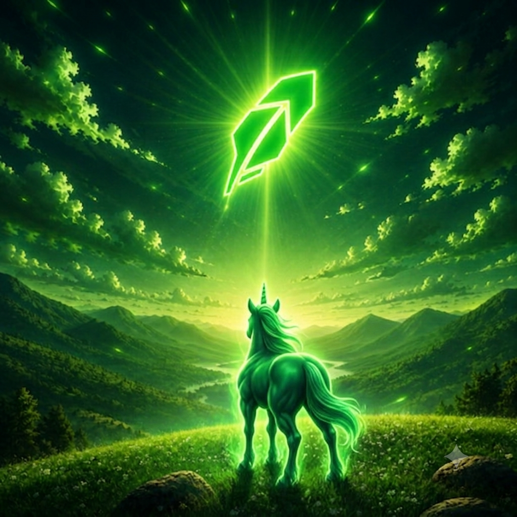 Glowing green unicorn standing on a meadow under a neon green symbol